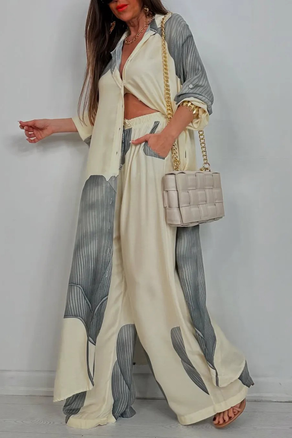 Leaf Print Colorblock Turndown Collar Long Shirt Wide Leg Pants 2pcs Set