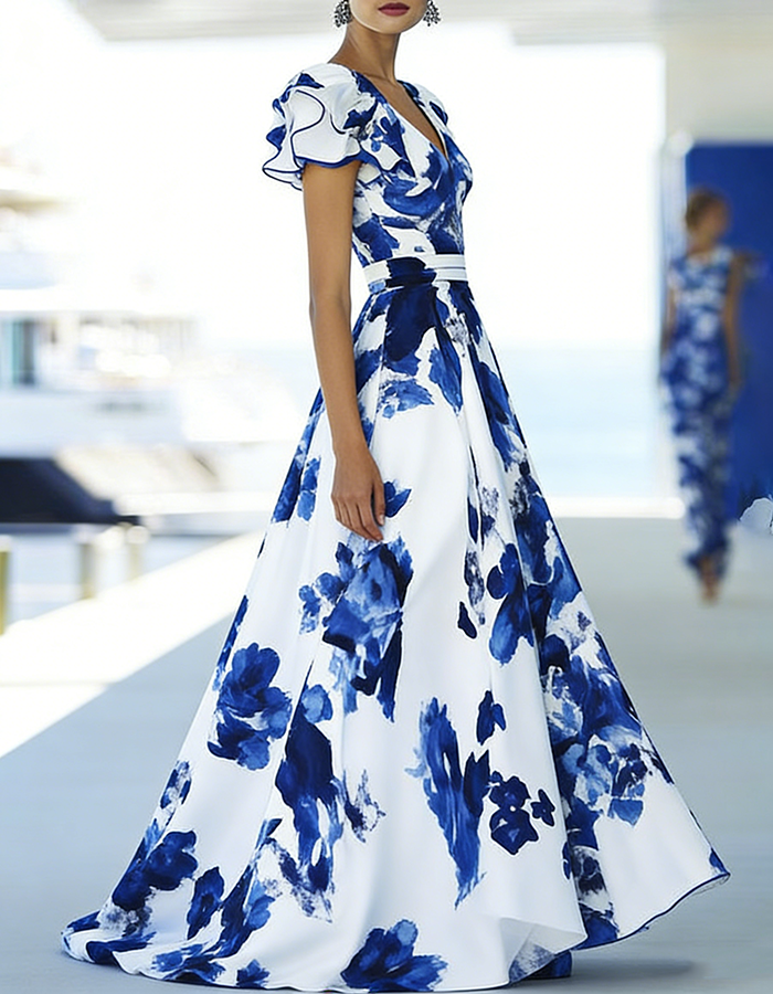 Blue Floral Watercolor Print V-Neck Ruffled Sleeve Maxi Dress