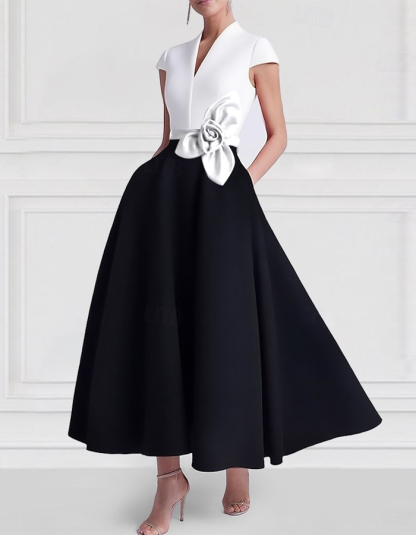 A-line Short-sleeved V-neck Satin Midi Dress