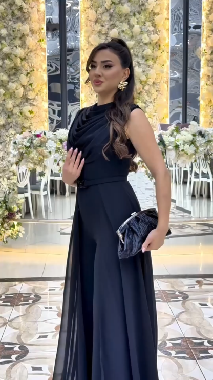 Black Draped Neck Jumpsuit with Chiffon Overlay