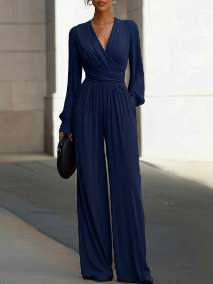 Draped V-Neck Long-Sleeve Wide-Leg Jumpsuit
