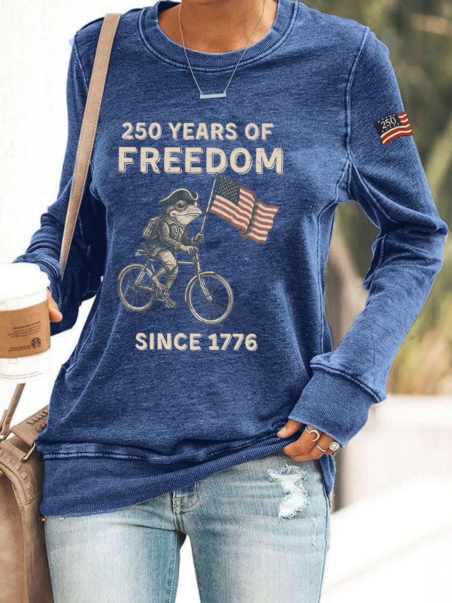 Women's US 250th Anniversary "250 Years of Freedom" Casual Sweatshirt – Patriotic Frog on Bicycle Graphic Pullover-pufftee