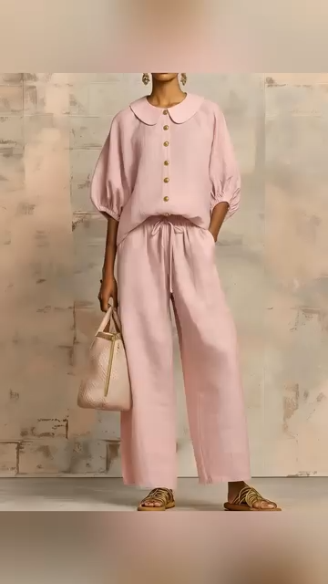 Stylish Peter Pan Collar Shirt And Wide-leg Pant Linen Two-piece Set