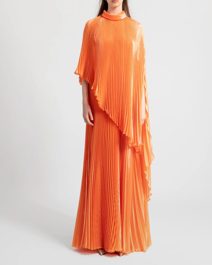 Full Pleated Flared Orange Dress