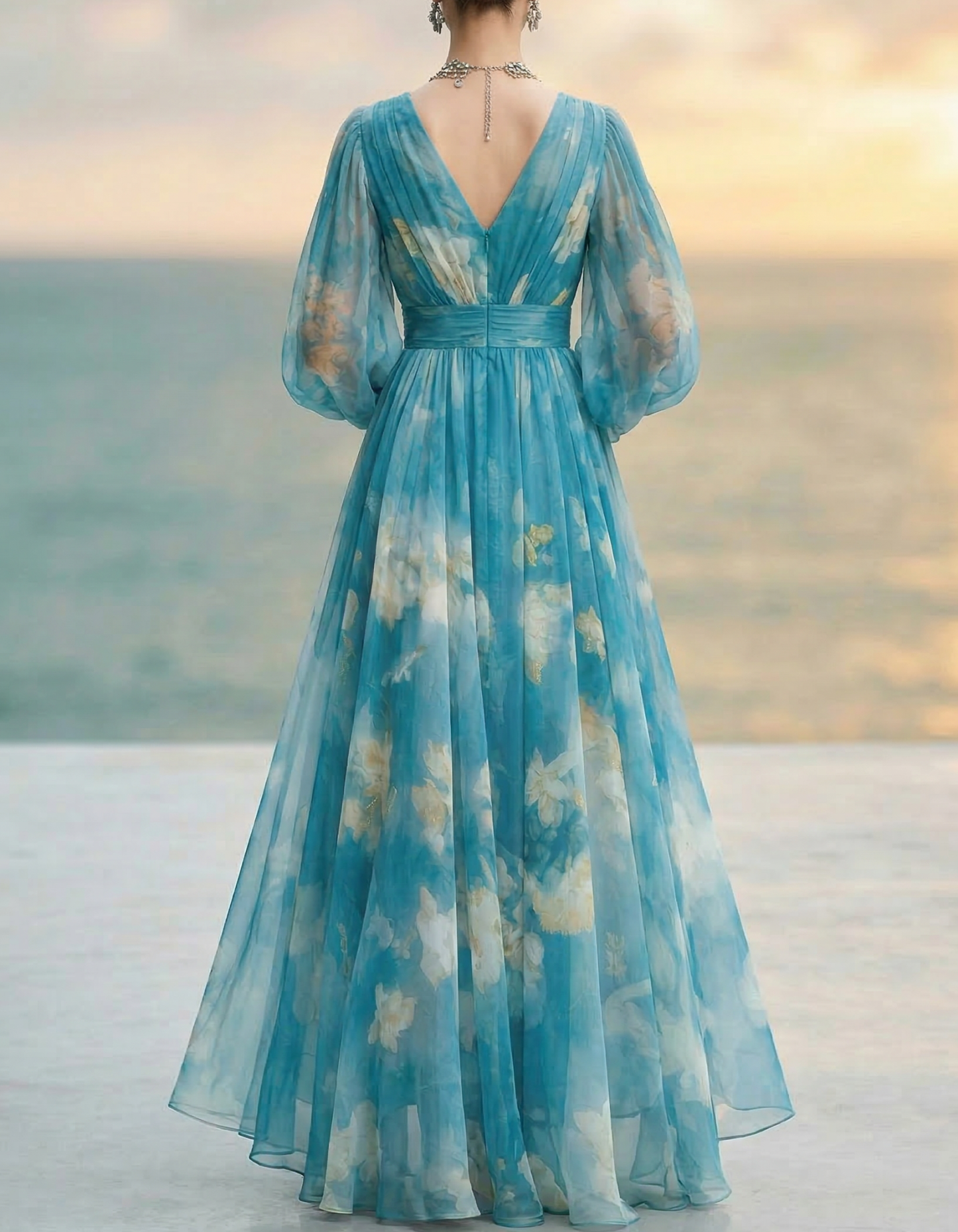 Blue Chiffon V-Neck Printed Maxi Dress