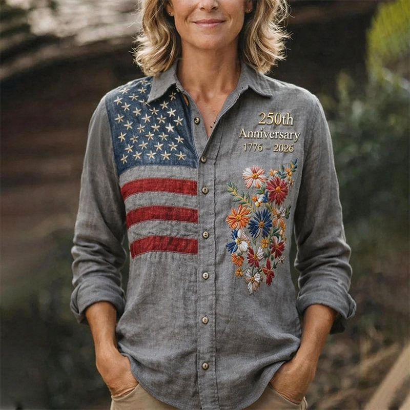 Women's 250th Anniversary American Flag Floral Embroidered Button-Up Shirt-pufftee