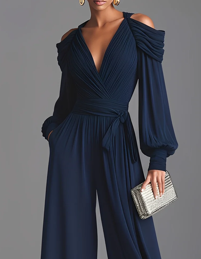 Navy Blue Off-Shoulder Pleated Jumpsuit