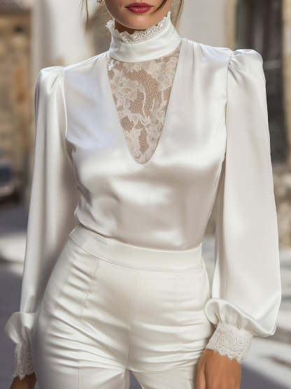 Lace-Detail High Neck Satin Blouse