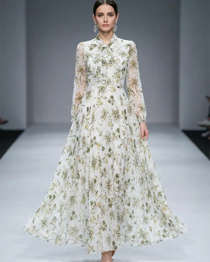 Elegant White Green Floral Maxi Dress, Long Sleeve Chiffon Bow Neck Dress