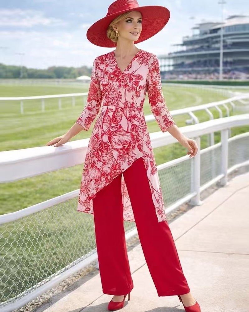 Pink & Red Floral Wrap Tunic Pant Set