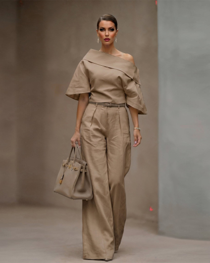 The Minimalist Power Suit: One-Shoulder Draped Top & Tailored Wide Leg Pants | Taupe / Camel Neutral Set