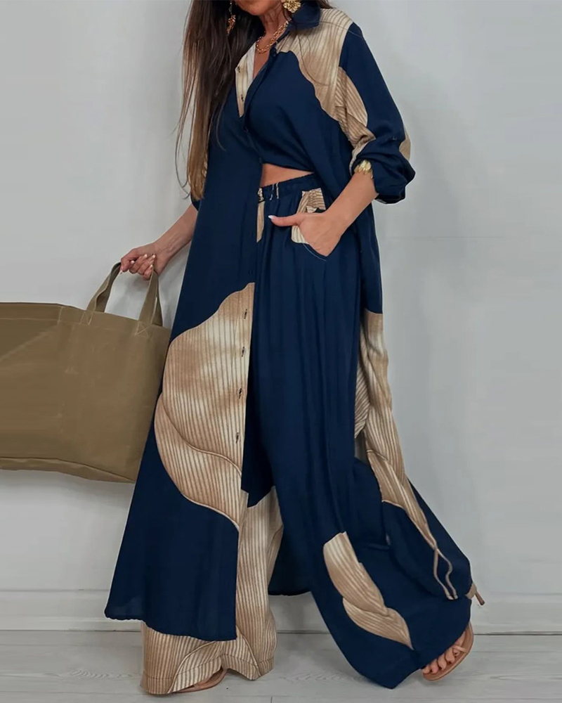 Leaf Print Colorblock Turndown Collar Long Shirt Wide Leg Pants 2pcs Set