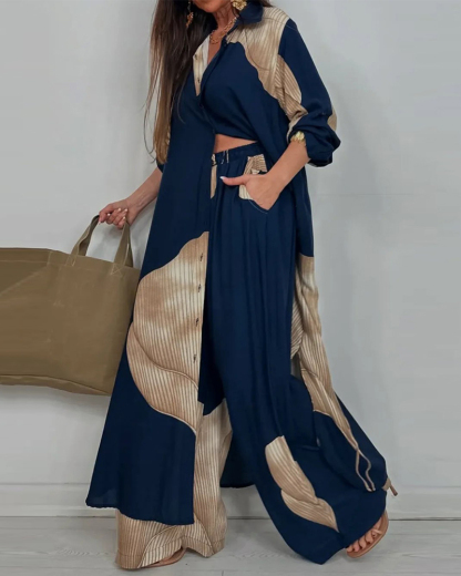Leaf Print Colorblock Turndown Collar Long Shirt Wide Leg Pants 2pcs Set
