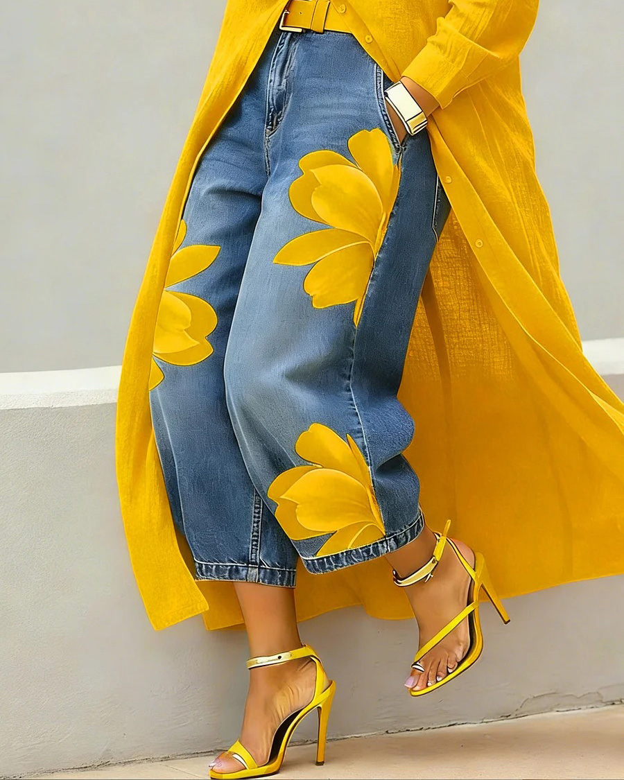 Loose-Fit Printed Denim Trousers
