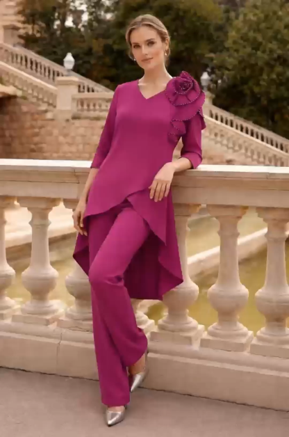 Fuchsia Asymmetric Ruffle Detail Two Piece Set