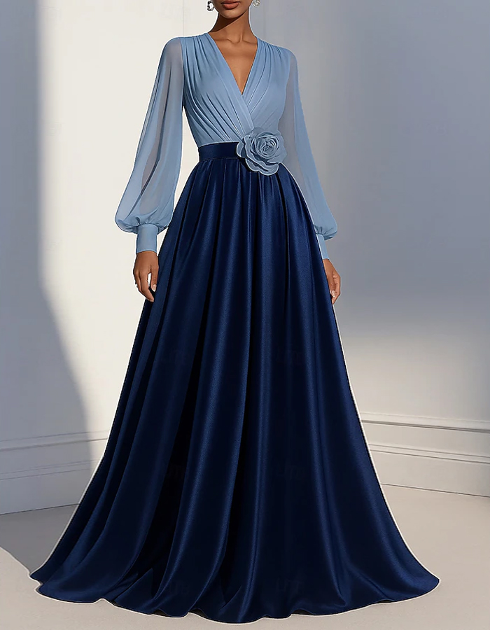 Blue Chiffon Satin Patchwork Maxi Dress