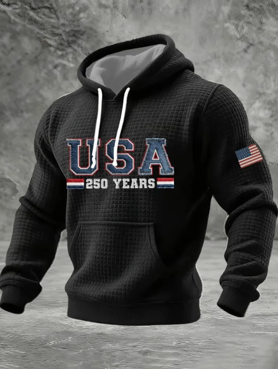 Men's 250th Anniversary USA Flag Patch Waffle Knit Hoodie-pufftee
