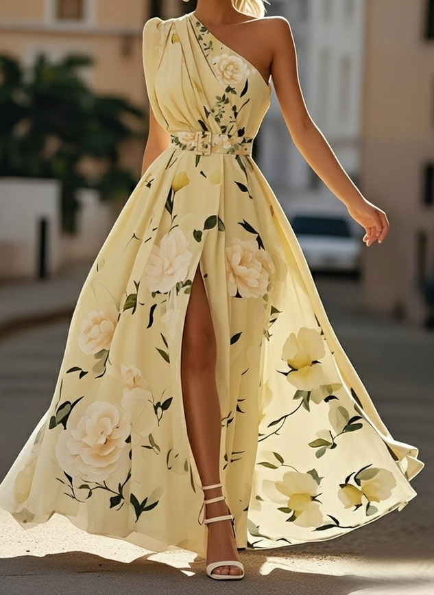Light Green Floral Ruched One Shoulder A-Line Maxi Chiffon Dress