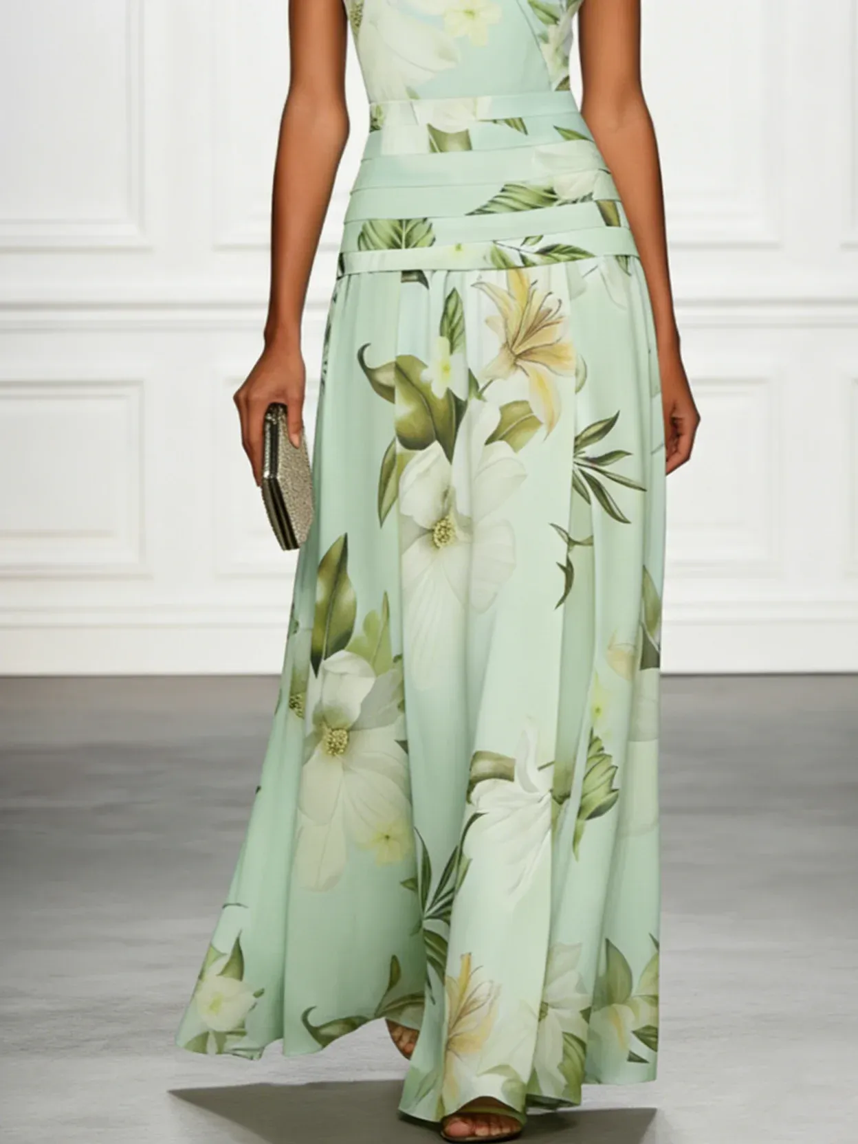 Light Green Floral Ruched Classic Boat Neck Sleeveless A-Line Maxi Dress