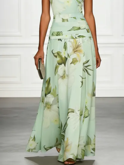 Light Green Floral Ruched Classic Boat Neck Sleeveless A-Line Maxi Dress