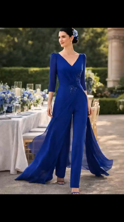 Stunning Royal Blue Jumpsuit with Train - Formal Evening Gown for Mom