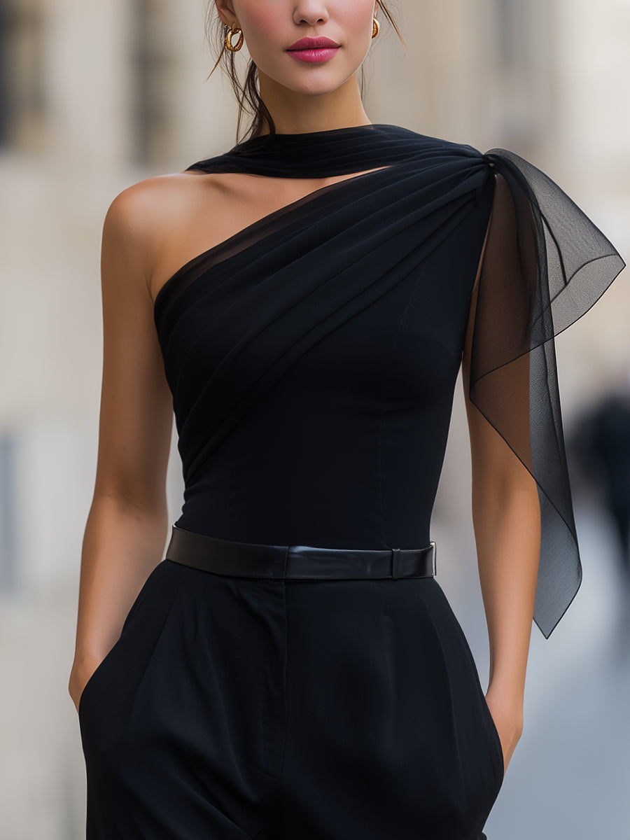 One-Shoulder Chiffon-Panel Draped Top Blouse
