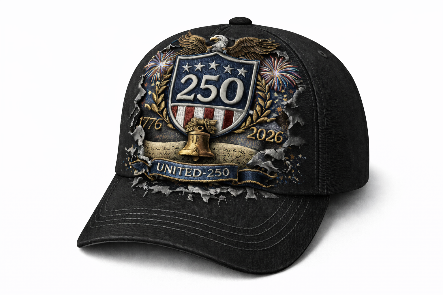 America 250th Anniversary Embroidered Baseball Cap – Patriotic Eagle & Shield Design (1776–2026)-pufftee