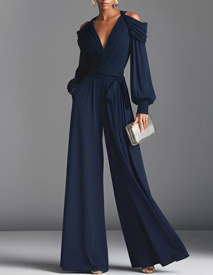 Navy Blue Off-Shoulder Pleated Jumpsuit