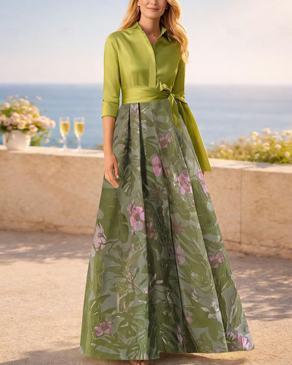 Elegant Printed A-Line Floor Length Shirt Dress