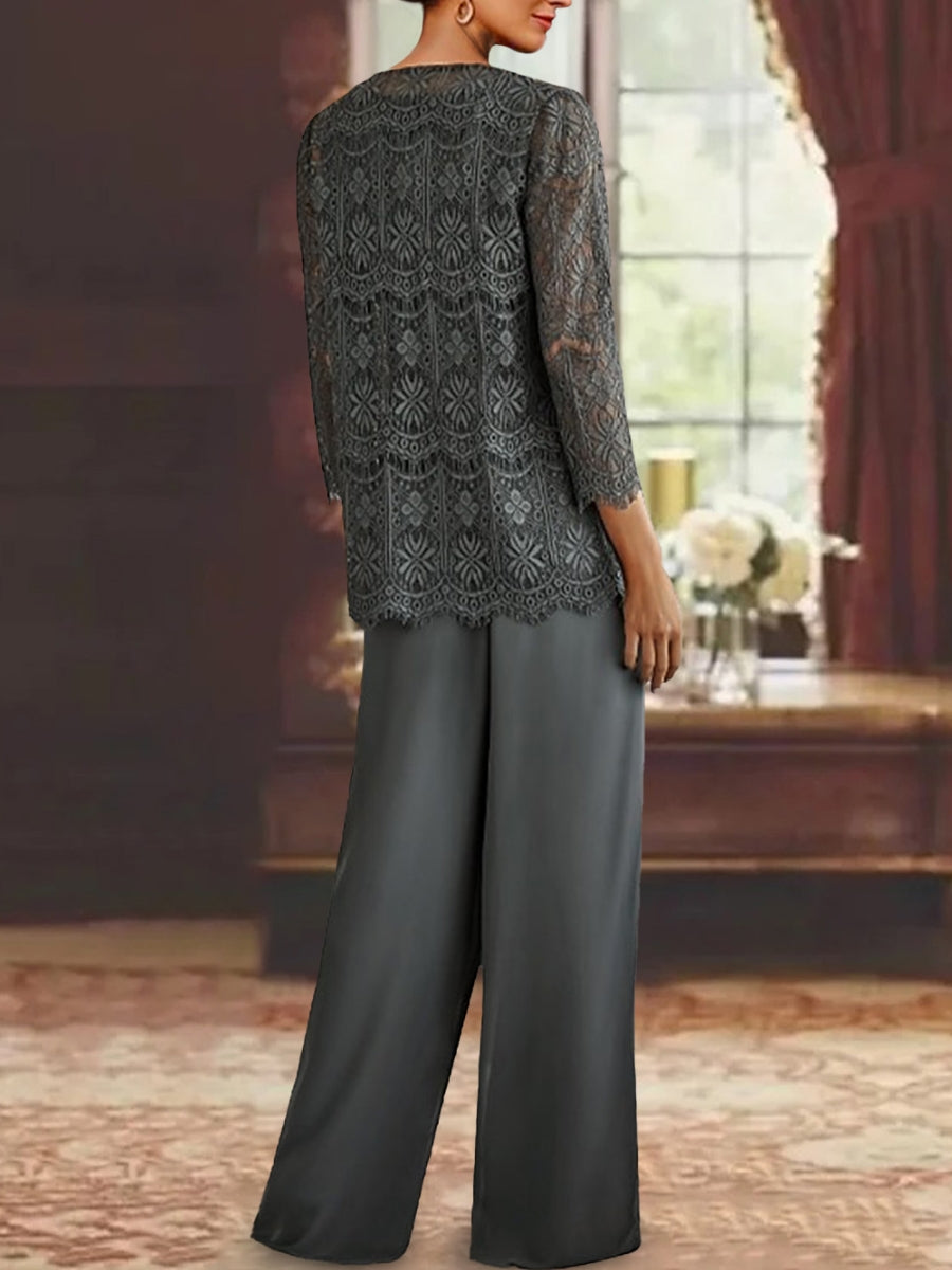 Chiffon Lace Scoop Ankle-Length Pantsuits with Jacket