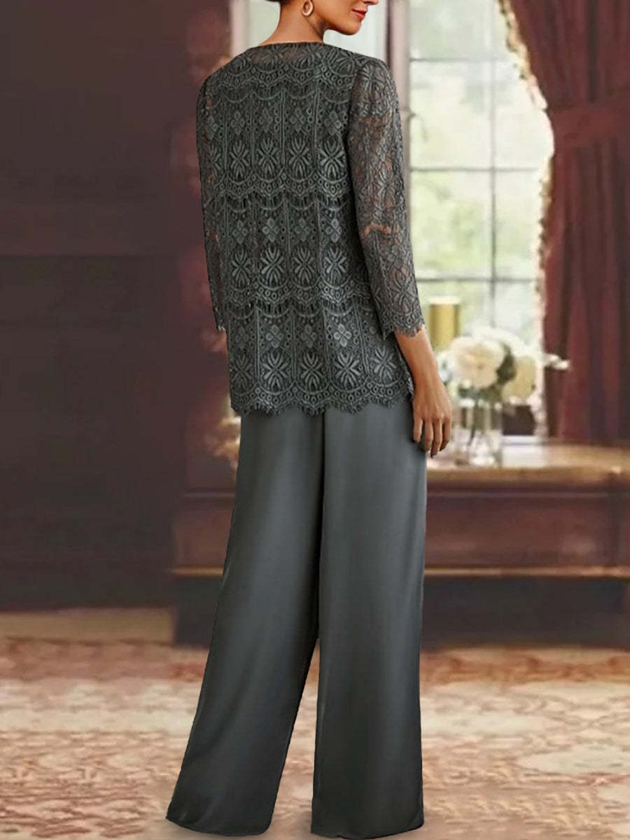 Chiffon Lace Scoop Ankle-Length Pantsuits with Jacket