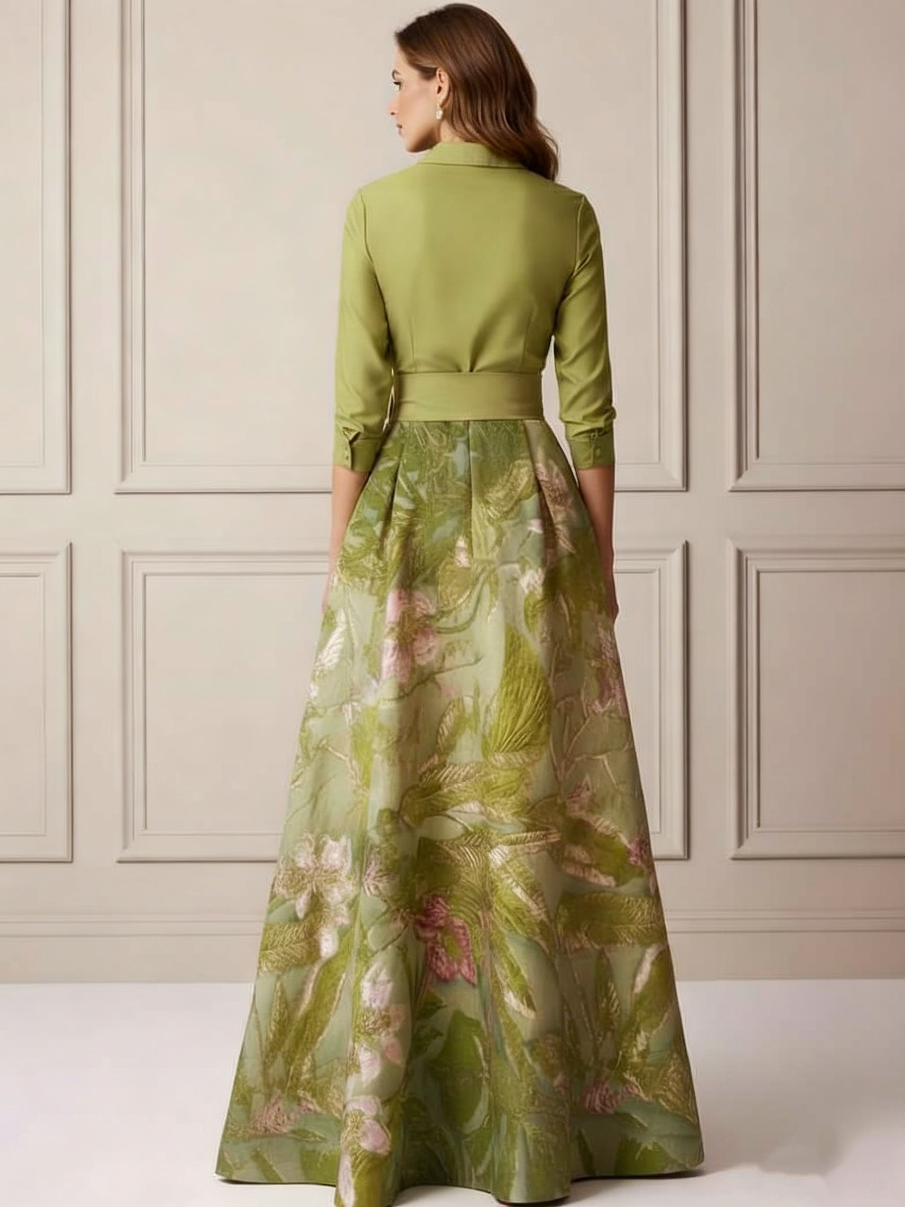 A-Line/Princess Shirt Collar Satin Mother of the Bride Dresses 3/4 Sleeves Floor-Length Floral Bowknot