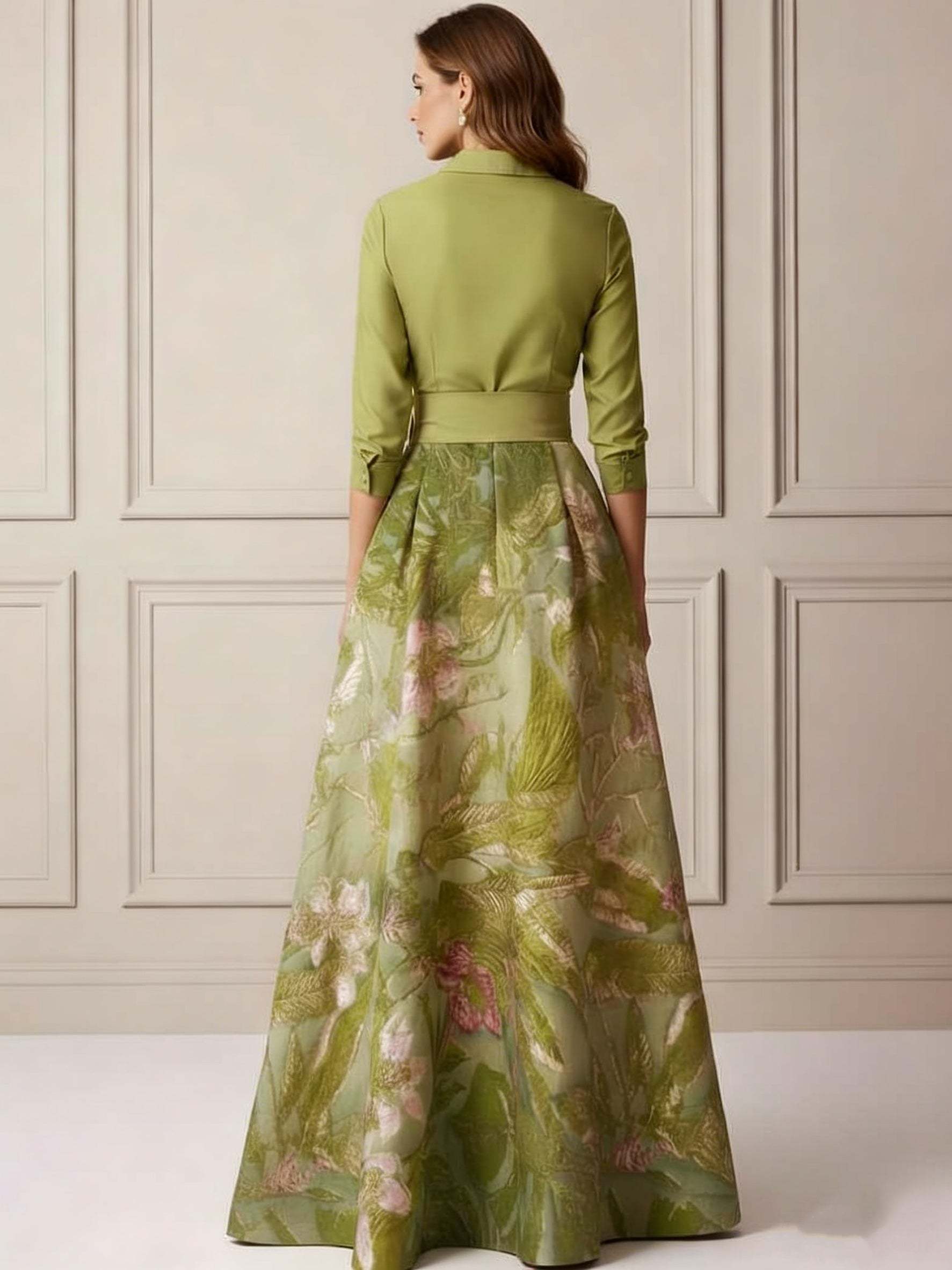 A-Line/Princess Shirt Collar Satin Mother of the Bride Dresses 3/4 Sleeves Floor-Length Floral Bowknot