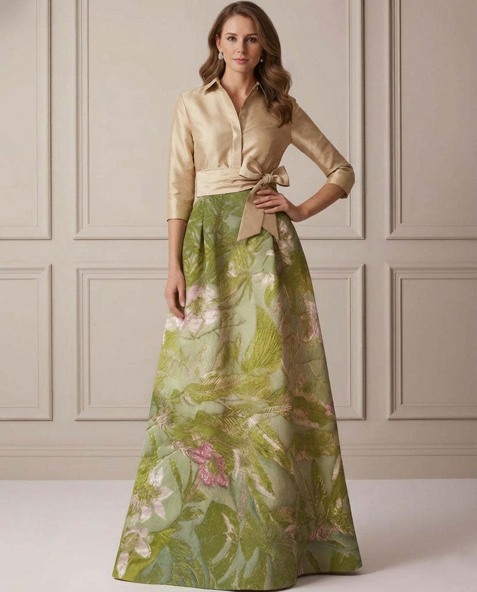 A-Line/Princess Shirt Collar Satin Mother of the Bride Dresses 3/4 Sleeves Floor-Length Floral Bowknot
