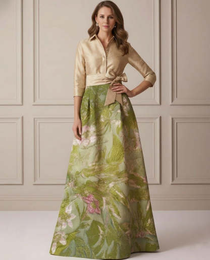 A-Line/Princess Shirt Collar Satin Mother of the Bride Dresses 3/4 Sleeves Floor-Length Floral Bowknot