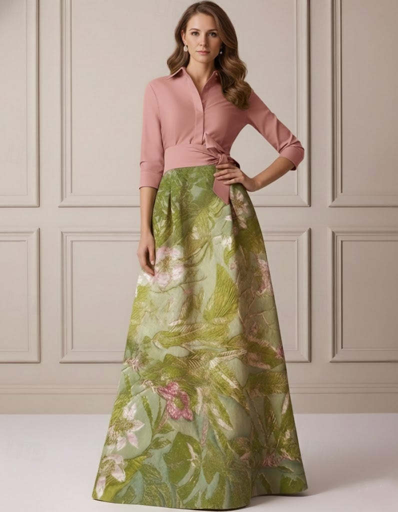 A-Line/Princess Shirt Collar Satin Mother of the Bride Dresses 3/4 Sleeves Floor-Length Floral Bowknot