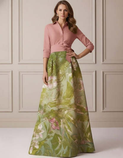 A-Line/Princess Shirt Collar Satin Mother of the Bride Dresses 3/4 Sleeves Floor-Length Floral Bowknot