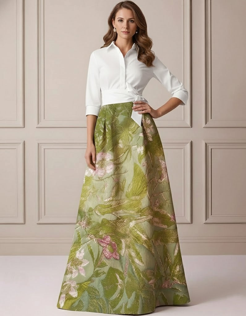 A-Line/Princess Shirt Collar Satin Mother of the Bride Dresses 3/4 Sleeves Floor-Length Floral Bowknot