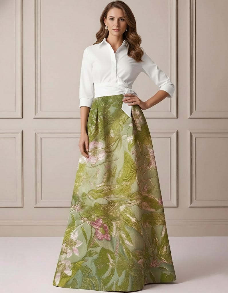 A-Line/Princess Shirt Collar Satin Mother of the Bride Dresses 3/4 Sleeves Floor-Length Floral Bowknot