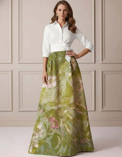 A-Line/Princess Shirt Collar Satin Mother of the Bride Dresses 3/4 Sleeves Floor-Length Floral Bowknot