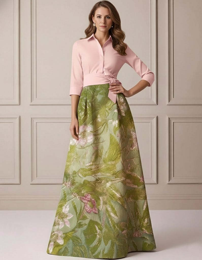A-Line/Princess Shirt Collar Satin Mother of the Bride Dresses 3/4 Sleeves Floor-Length Floral Bowknot