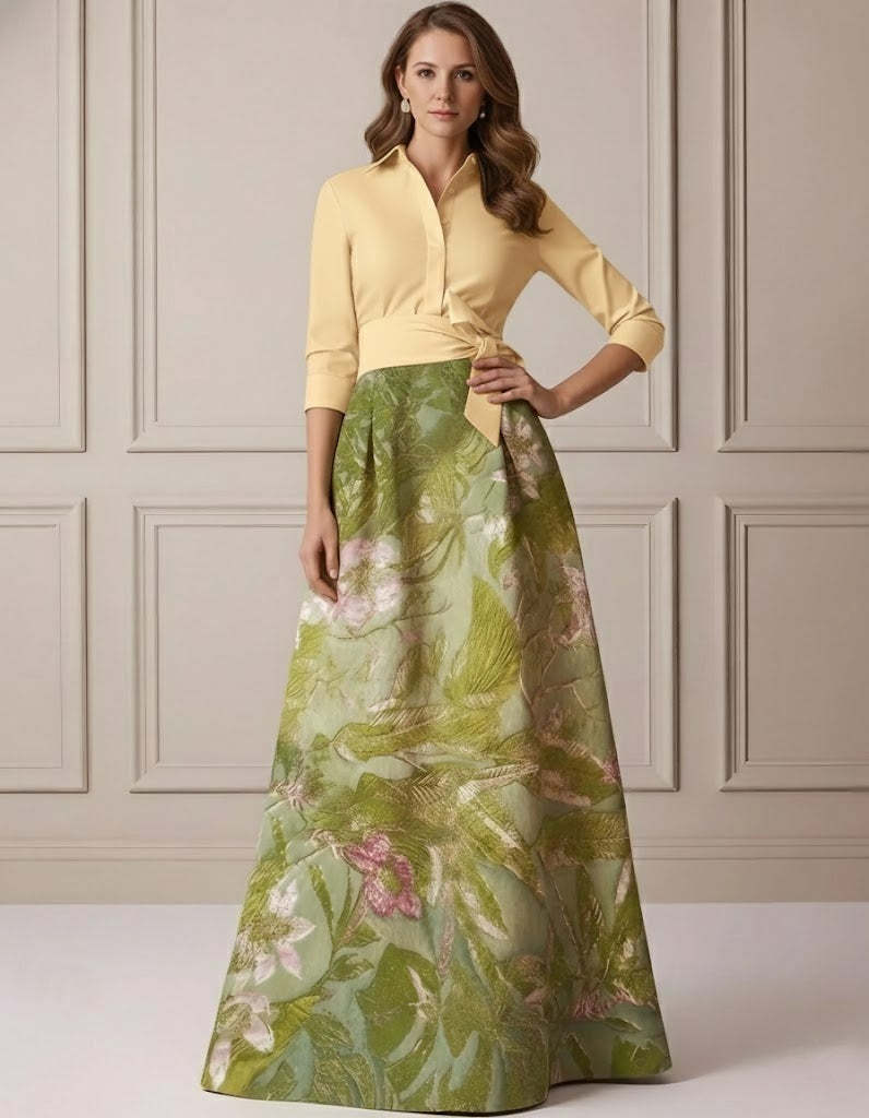 A-Line/Princess Shirt Collar Satin Mother of the Bride Dresses 3/4 Sleeves Floor-Length Floral Bowknot