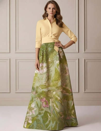 A-Line/Princess Shirt Collar Satin Mother of the Bride Dresses 3/4 Sleeves Floor-Length Floral Bowknot