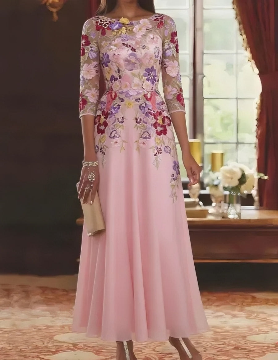 A-Line/Princess Scoop Chiffon Dresses Lace Floral Half Sleeves Ankle-Length