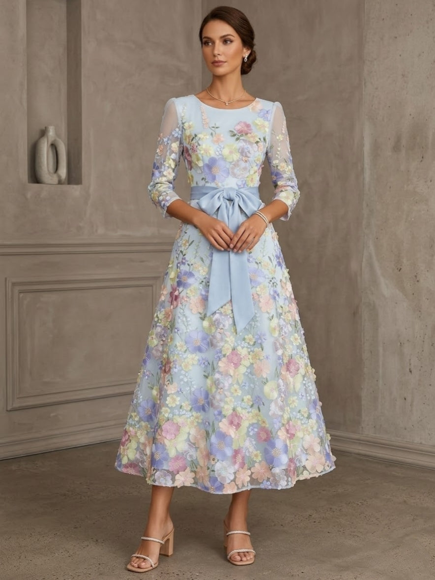 A-Line/Princess Scoop Lace Dresses Floral Embroidery Tea-Length 3/4 Sleeves Bowknot