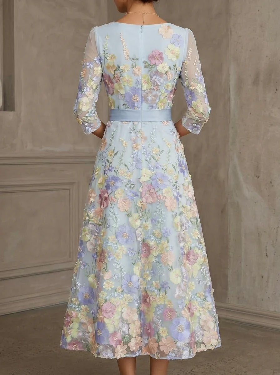A-Line/Princess Scoop Lace Dresses Floral Embroidery Tea-Length 3/4 Sleeves Bowknot