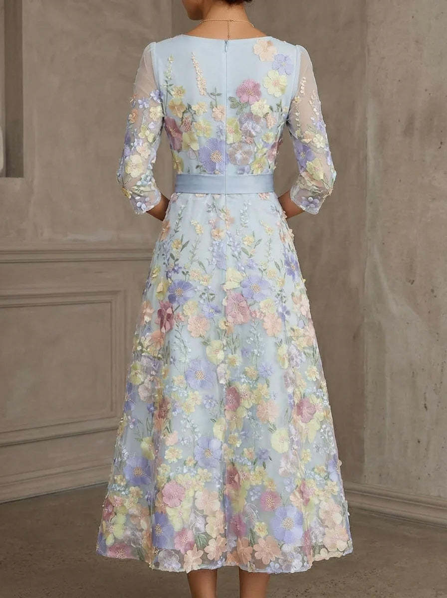 A-Line/Princess Scoop Lace Dresses Floral Embroidery Tea-Length 3/4 Sleeves Bowknot