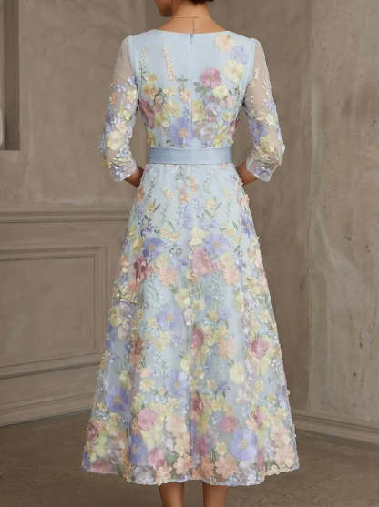 A-Line/Princess Scoop Lace Dresses Floral Embroidery Tea-Length 3/4 Sleeves Bowknot