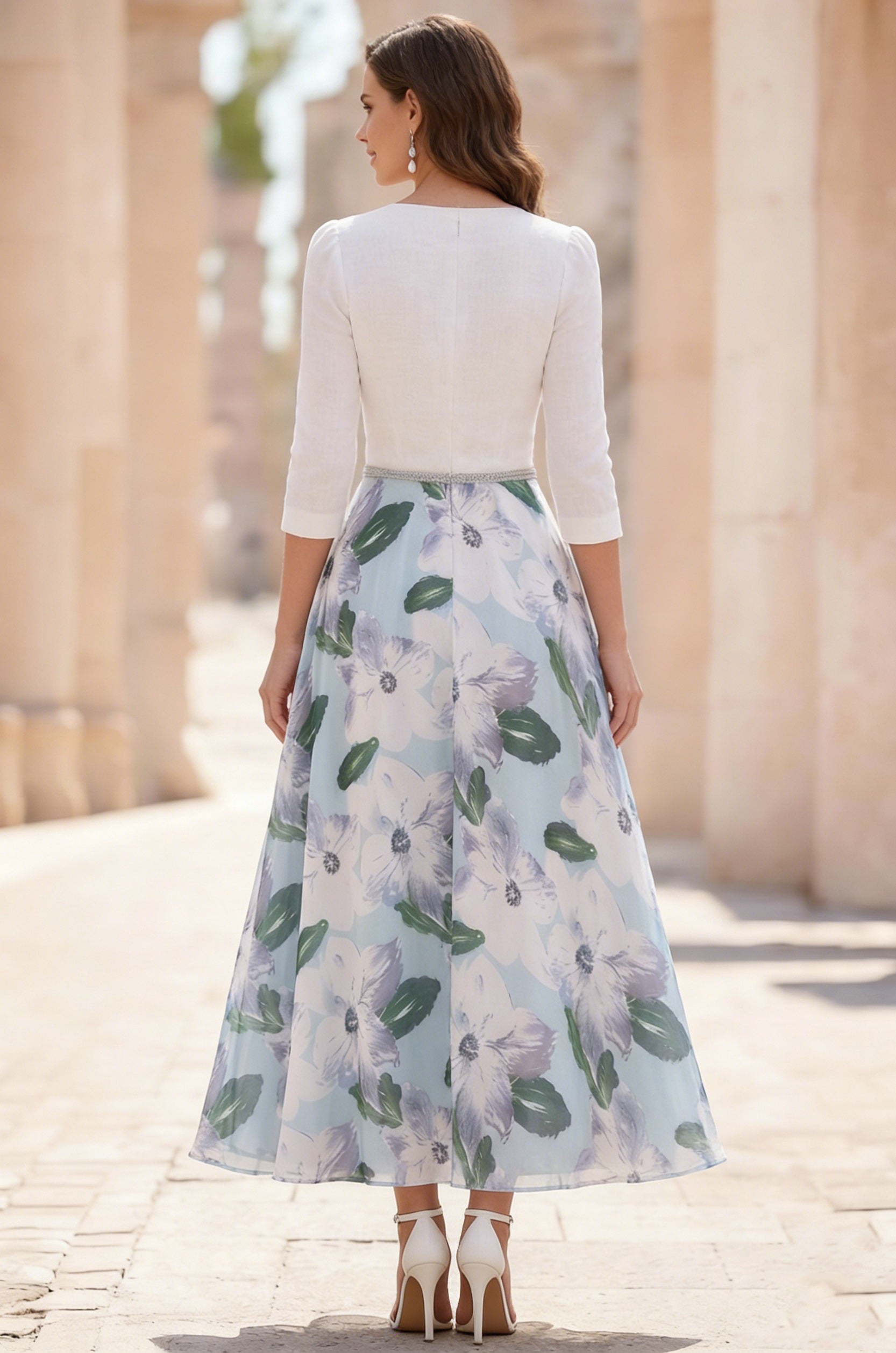A-Line/Princess V-Neck Satin Dresses 3/4 Sleeves Chiffon Floral Tea-Length Sash