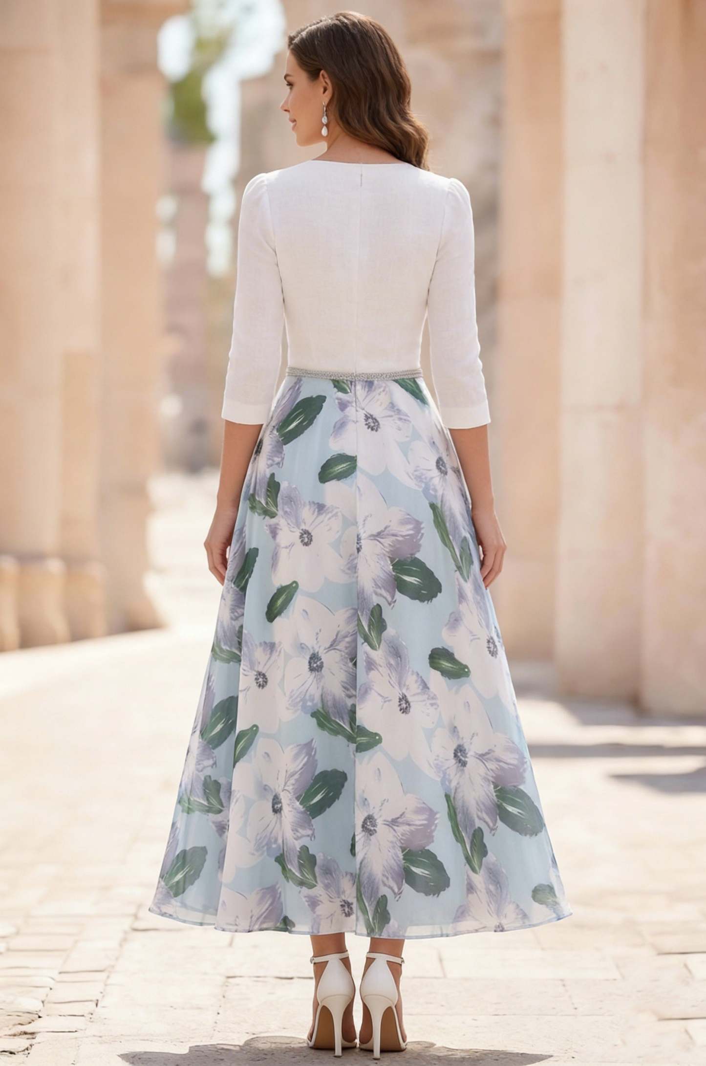 A-Line/Princess V-Neck Satin Dresses 3/4 Sleeves Chiffon Floral Tea-Length Sash